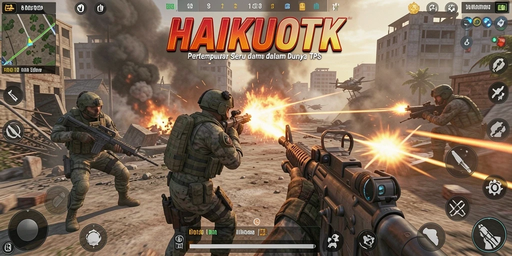 Screenshot HAIKUOTK menampilkan aksi pertempuran seru dalam mode TPS.