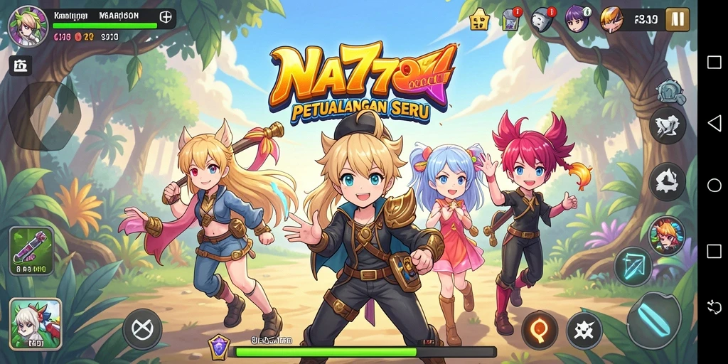Screenshot utama NA777 menampilkan karakter anime yang beraksi di medan perang.