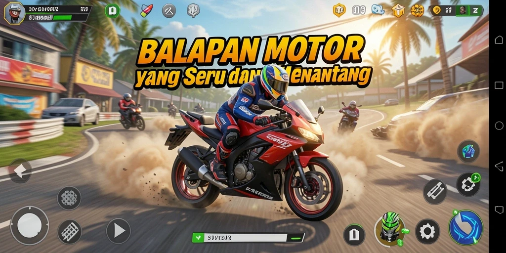 Screenshot gameplay SVIP2 menampilkan aksi balapan motor yang mendebarkan.