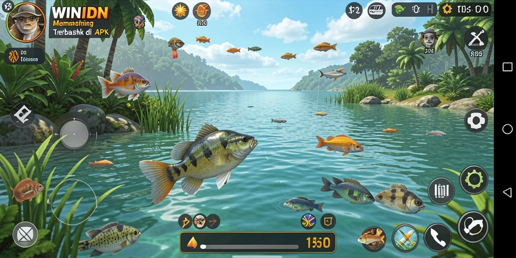 Tampilan gameplay WINIDN yang menampilkan momen menangkap ikan.